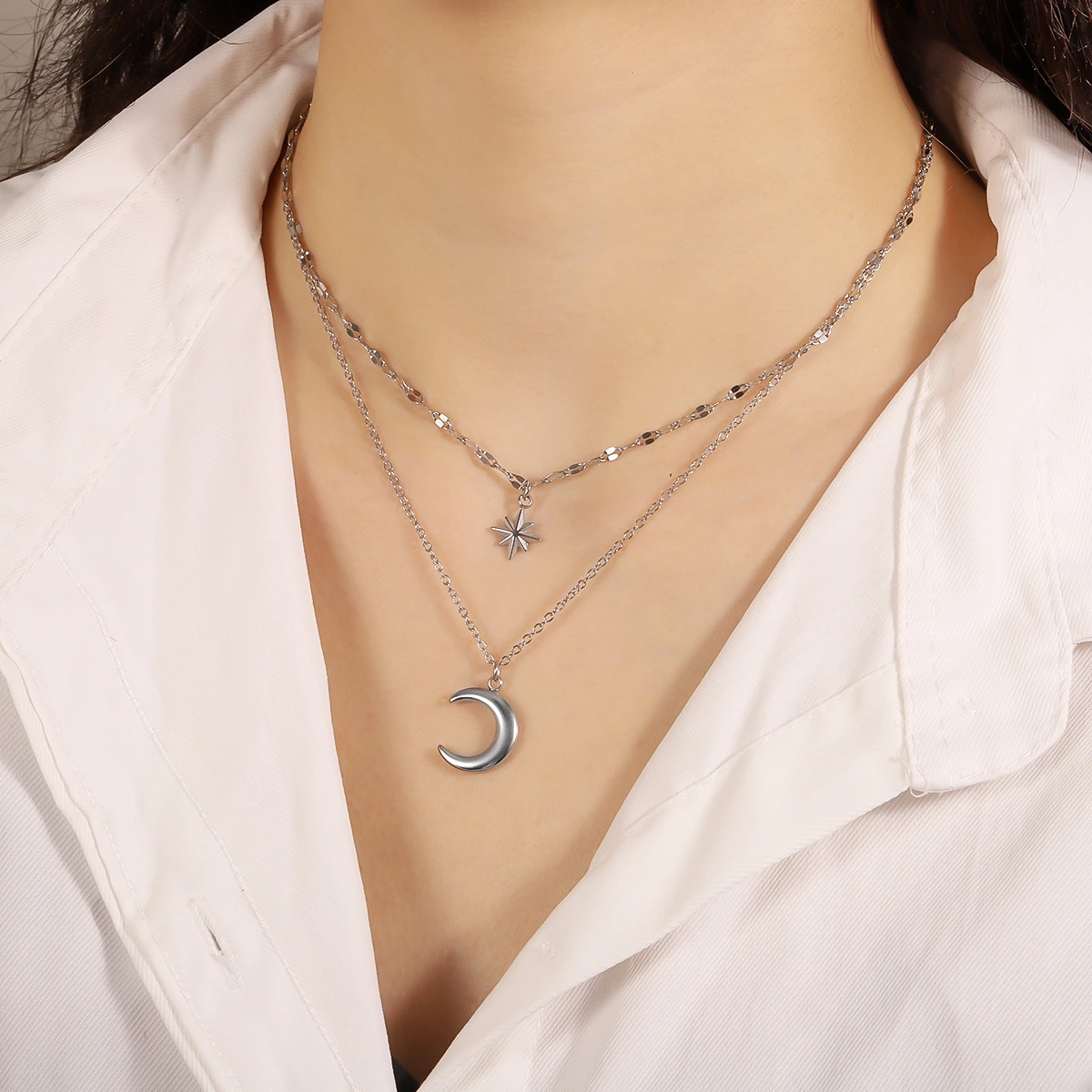 Stainless Steel Octagram Star & Moon Pendant Double Layer Necklace For Women, Light Luxury Niche Design, Stackable Clavicle Chain Jewelry