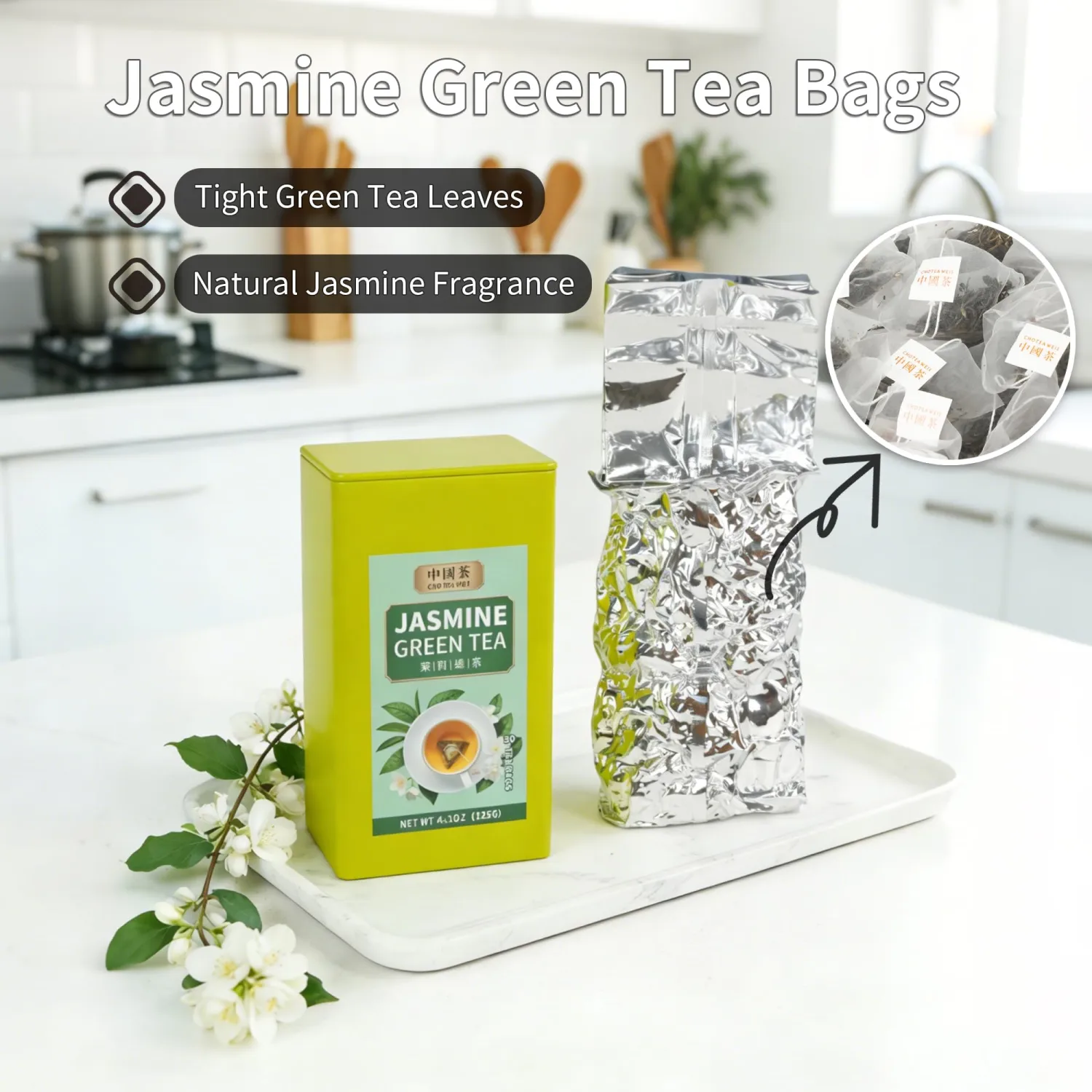 Chinese Green Tea Bag Loose Leaf Pure Leaves in Iron Can Jasmine Green Tea Bags | 100% Natural with No Artificial Additives | 50 Count