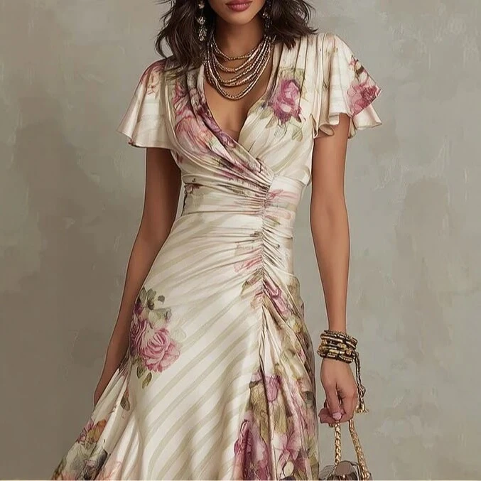 Printed V-neck Defined Waistline Ruffled Hem Dress