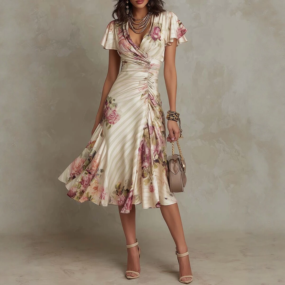 Printed V-neck Defined Waistline Ruffled Hem Dress