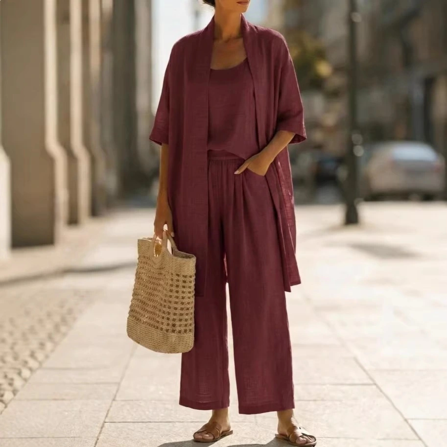 Three-piece Suit Women's Mid-length Cardigan Tank Top And Straight-leg With Pockets Fashion Trousers Set