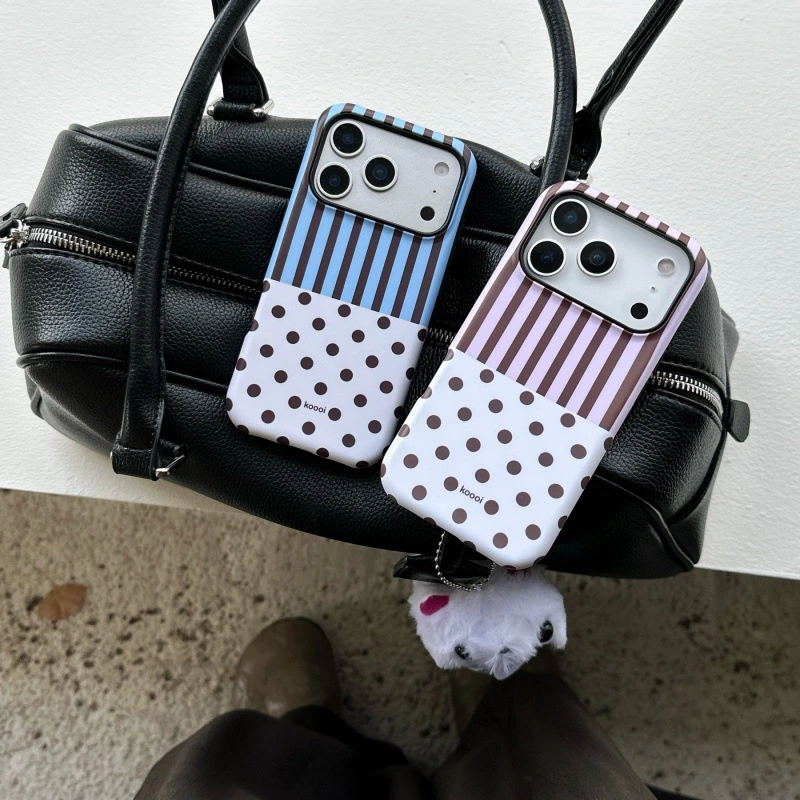 Striped Patchwork Polka Dot Phone Case With Stand And Magnetic Attachment