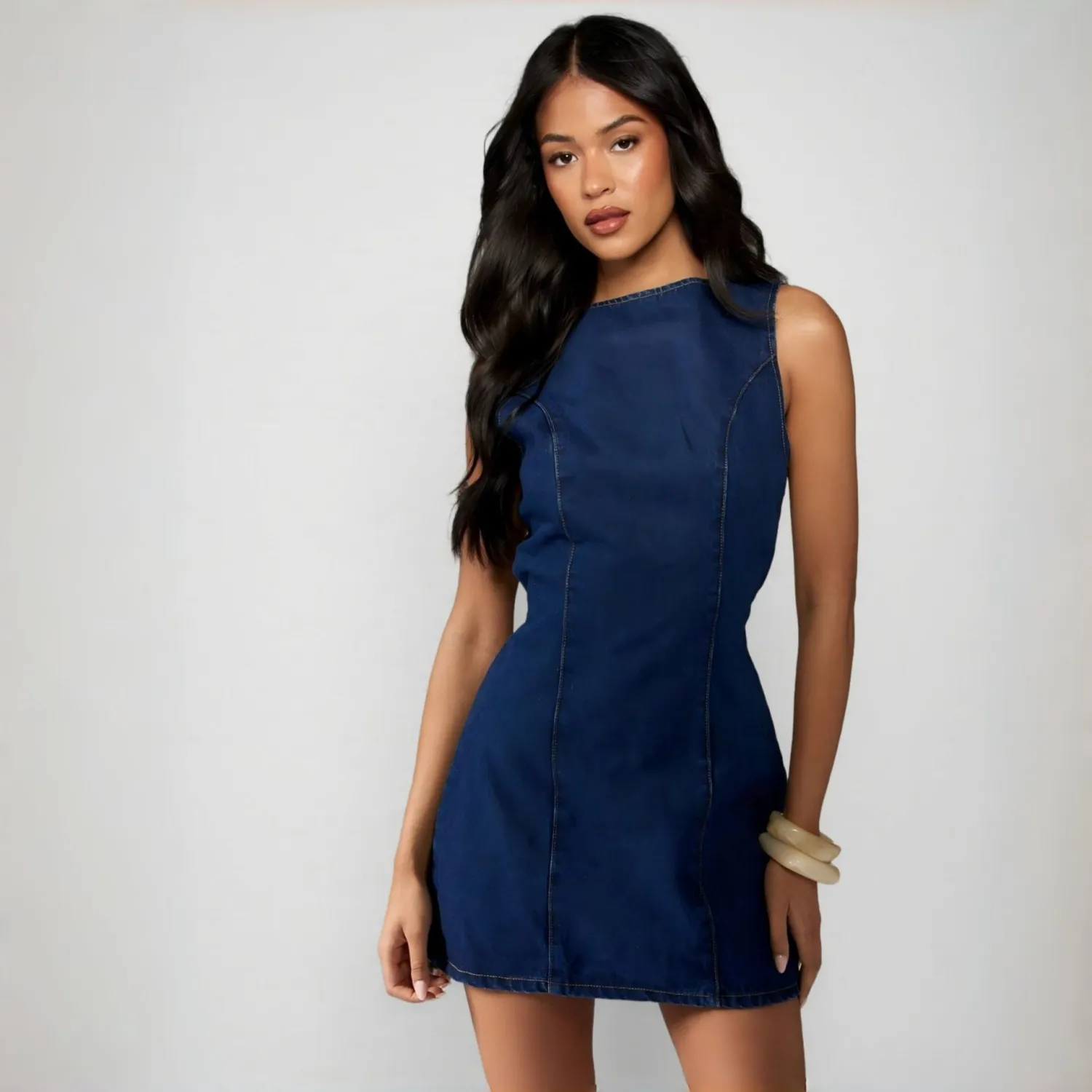 Solid-Color Slimming Three-Color Long-Zip Denim Dress