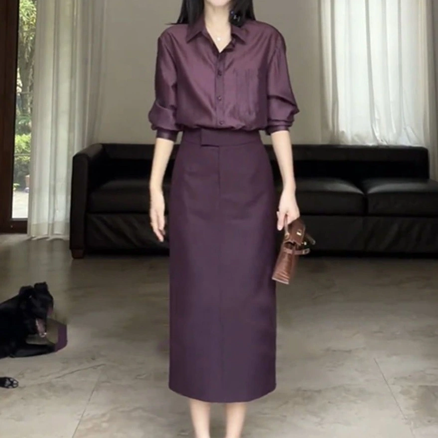 Fashionable Set Womens Blouse Top And Slimming High-Waist Slit Skirt