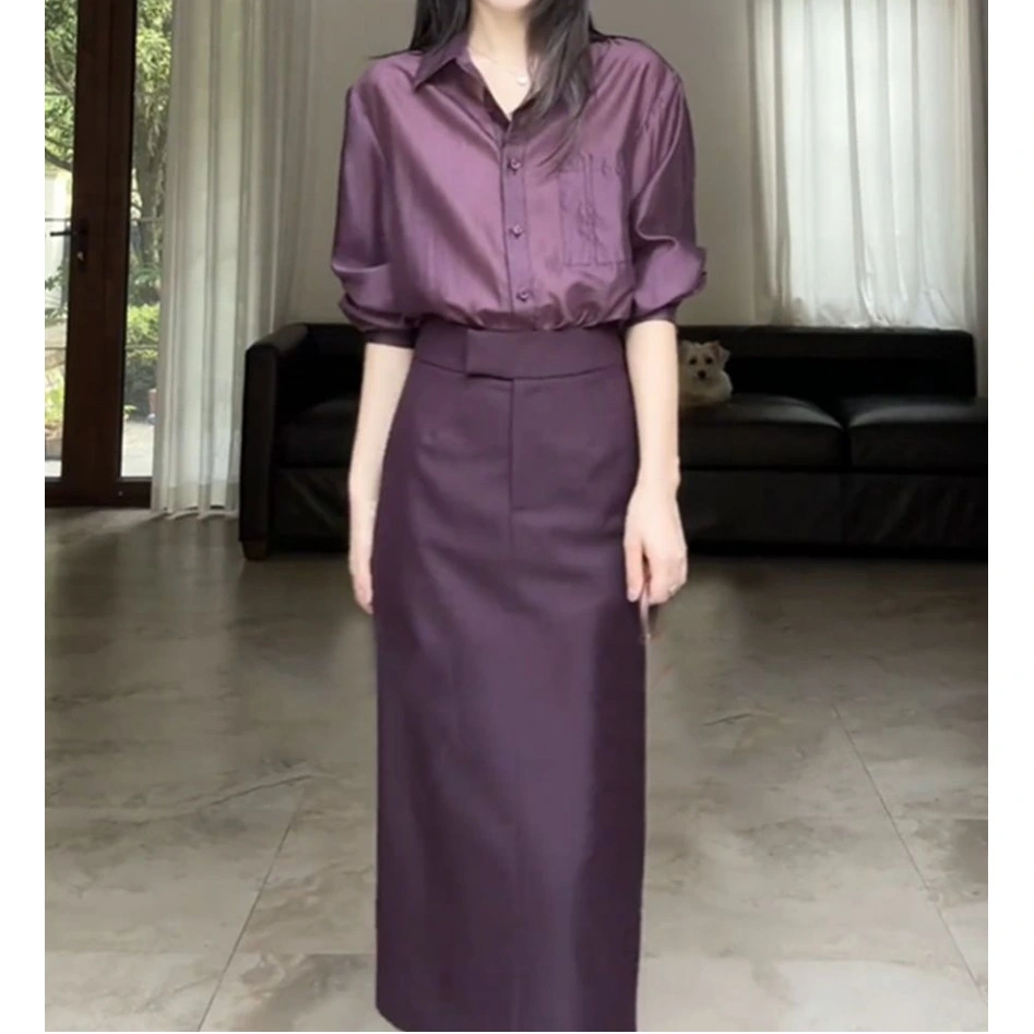 Fashionable Set Womens Blouse Top And Slimming High-Waist Slit Skirt