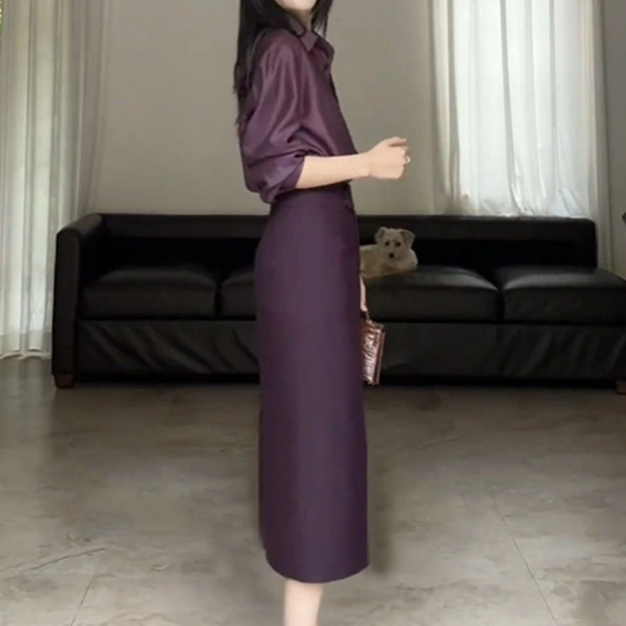 Fashionable Set Womens Blouse Top And Slimming High-Waist Slit Skirt