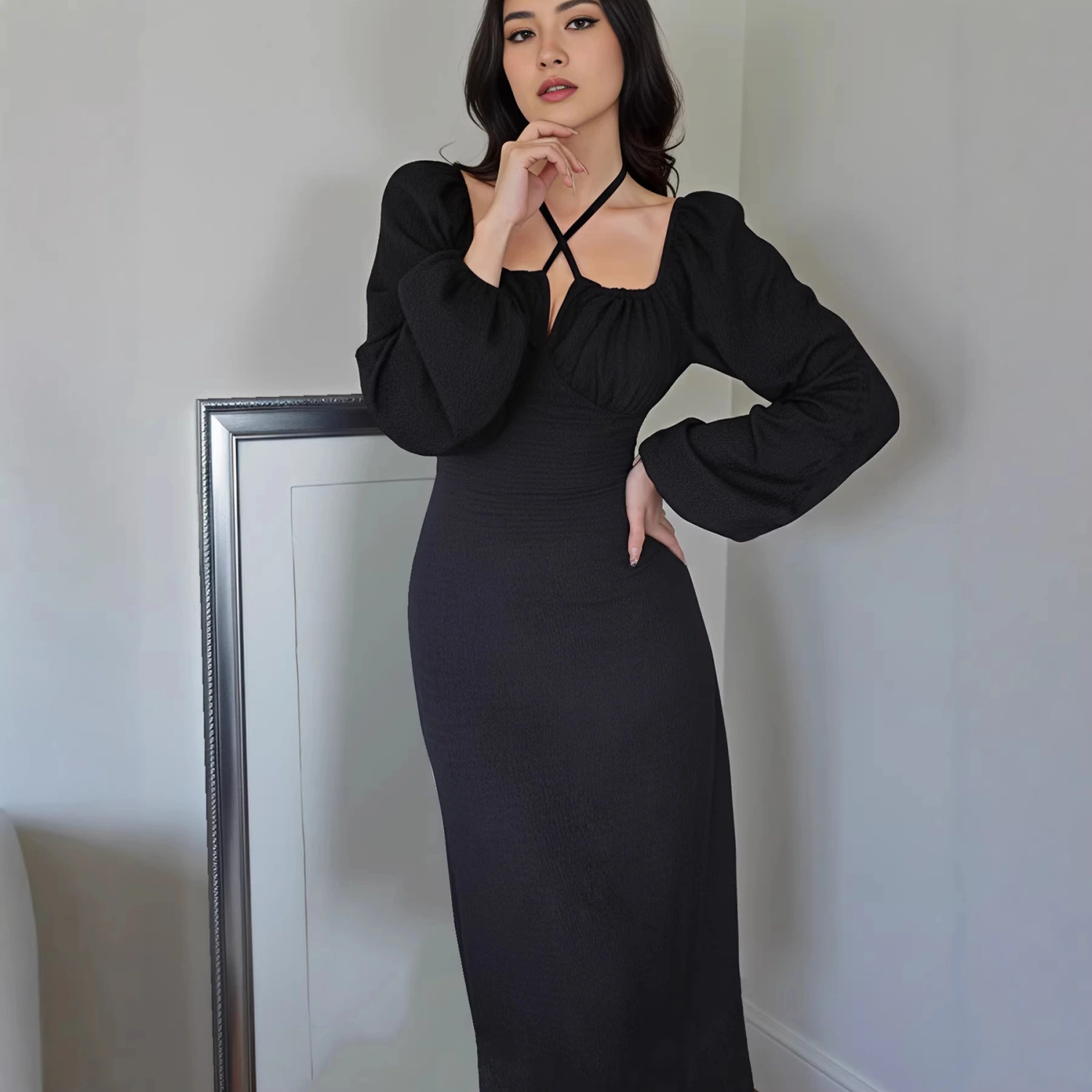 Womens Neck-tie Cross-strap Figure-hugging Dress