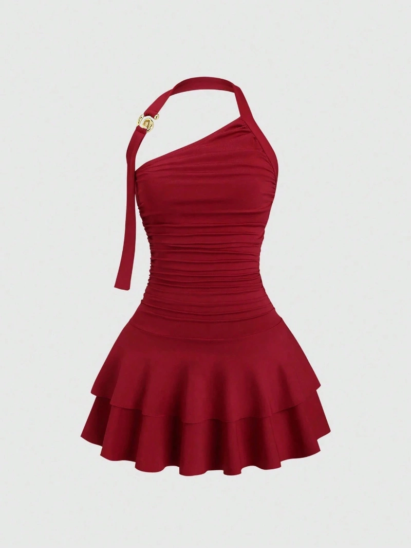One-Shoulder Halterneck Slimming Waist-Cinching Pleated Skirt Pure And Alluring Versatile Off-Shoulder Dress