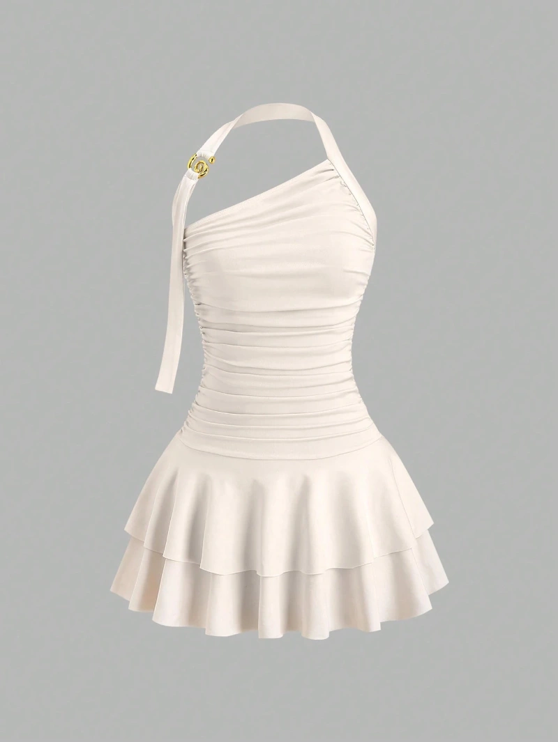 One-Shoulder Halterneck Slimming Waist-Cinching Pleated Skirt Pure And Alluring Versatile Off-Shoulder Dress