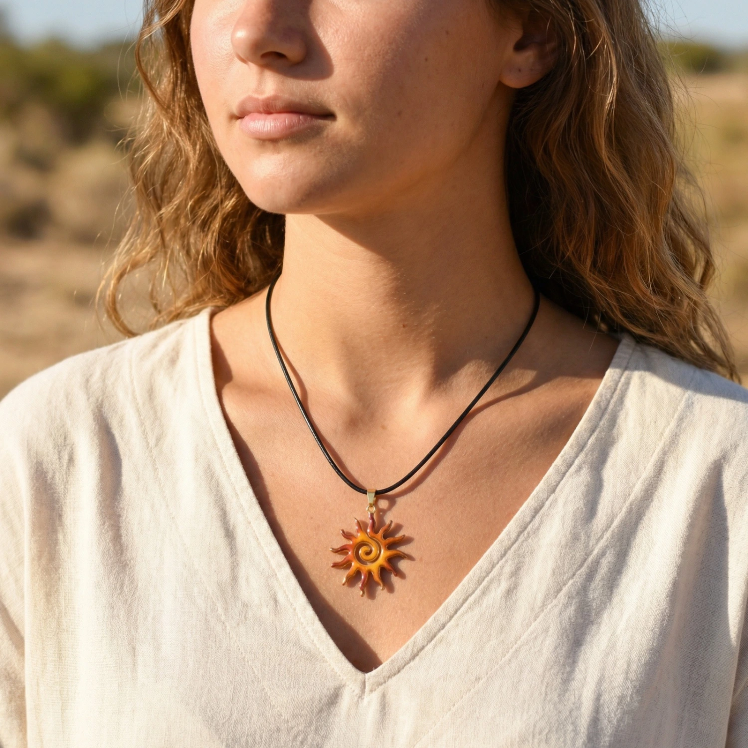 Stainless Steel Autumn-Colored Sun Pendant Gold Necklace