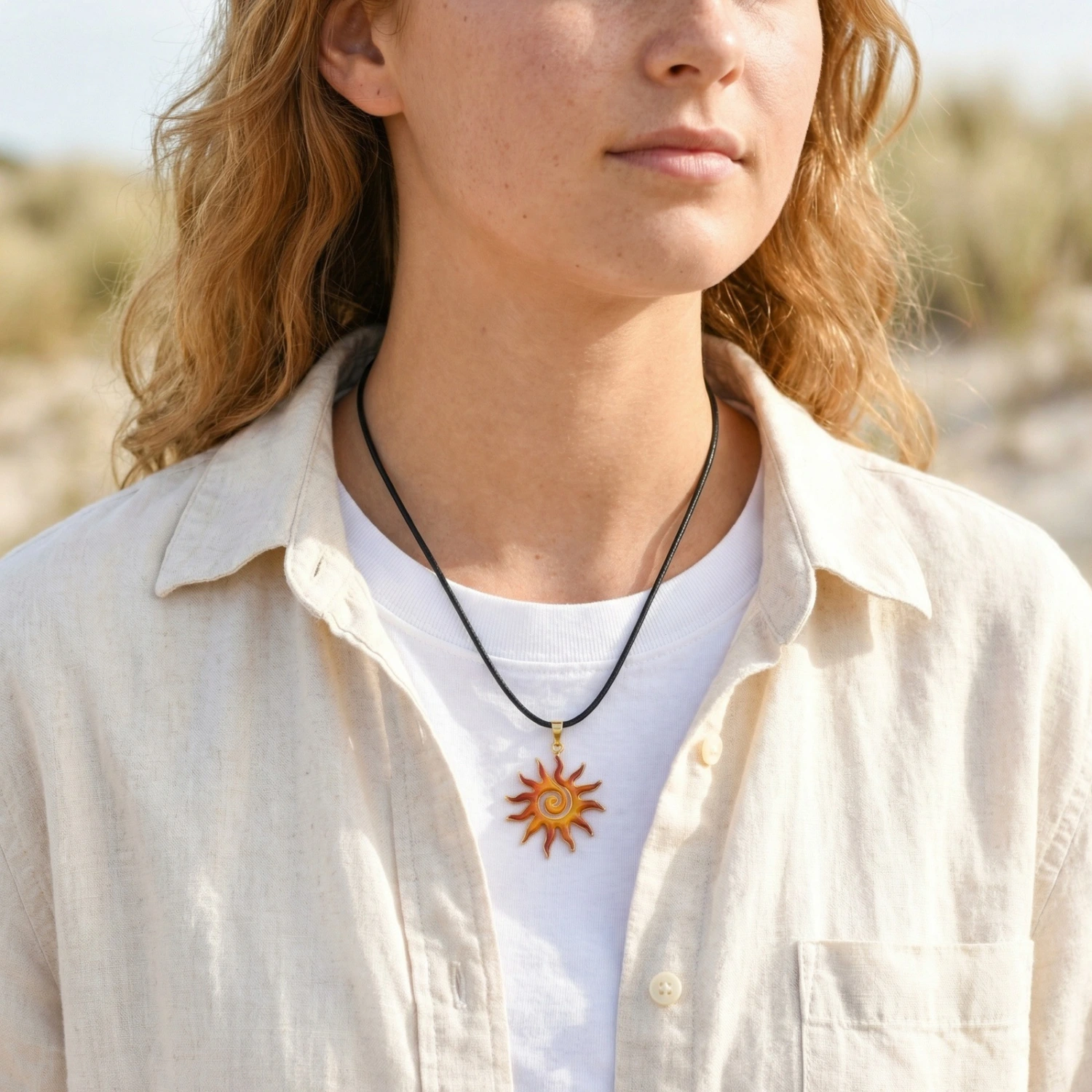 Stainless Steel Autumn-Colored Sun Pendant Gold Necklace