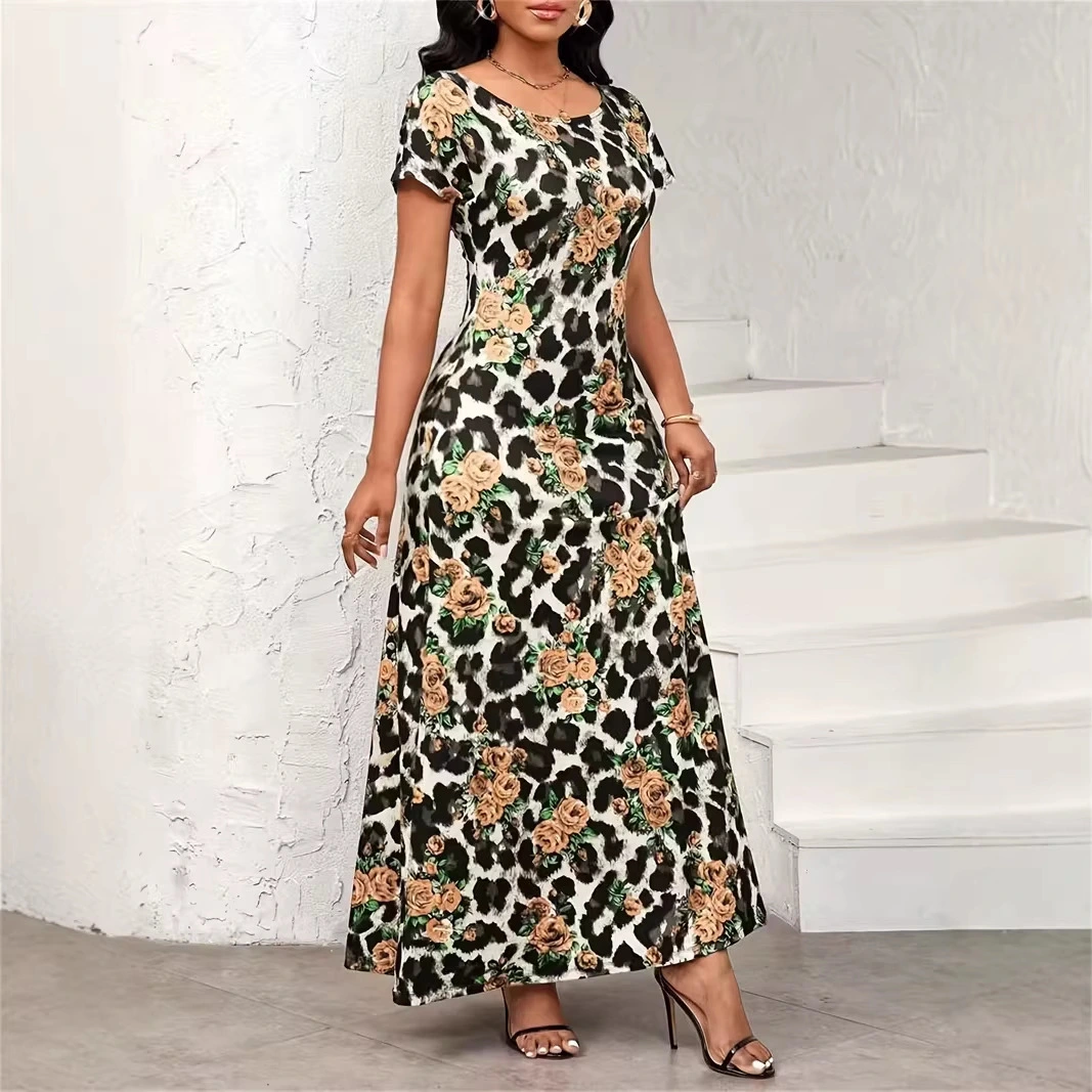 Leopard-Print Rose Floral Fashionable Elegant Waist-Cinching Slimming Dress