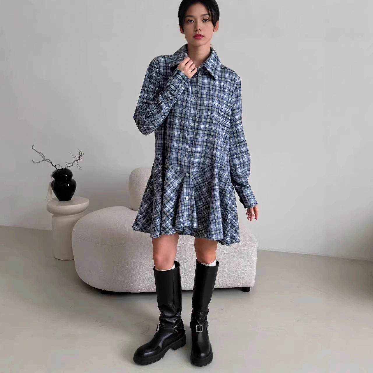 Autumn Retro Hong Kong Style Lapel Slimming Plaid Shirt With Puffy Skirt