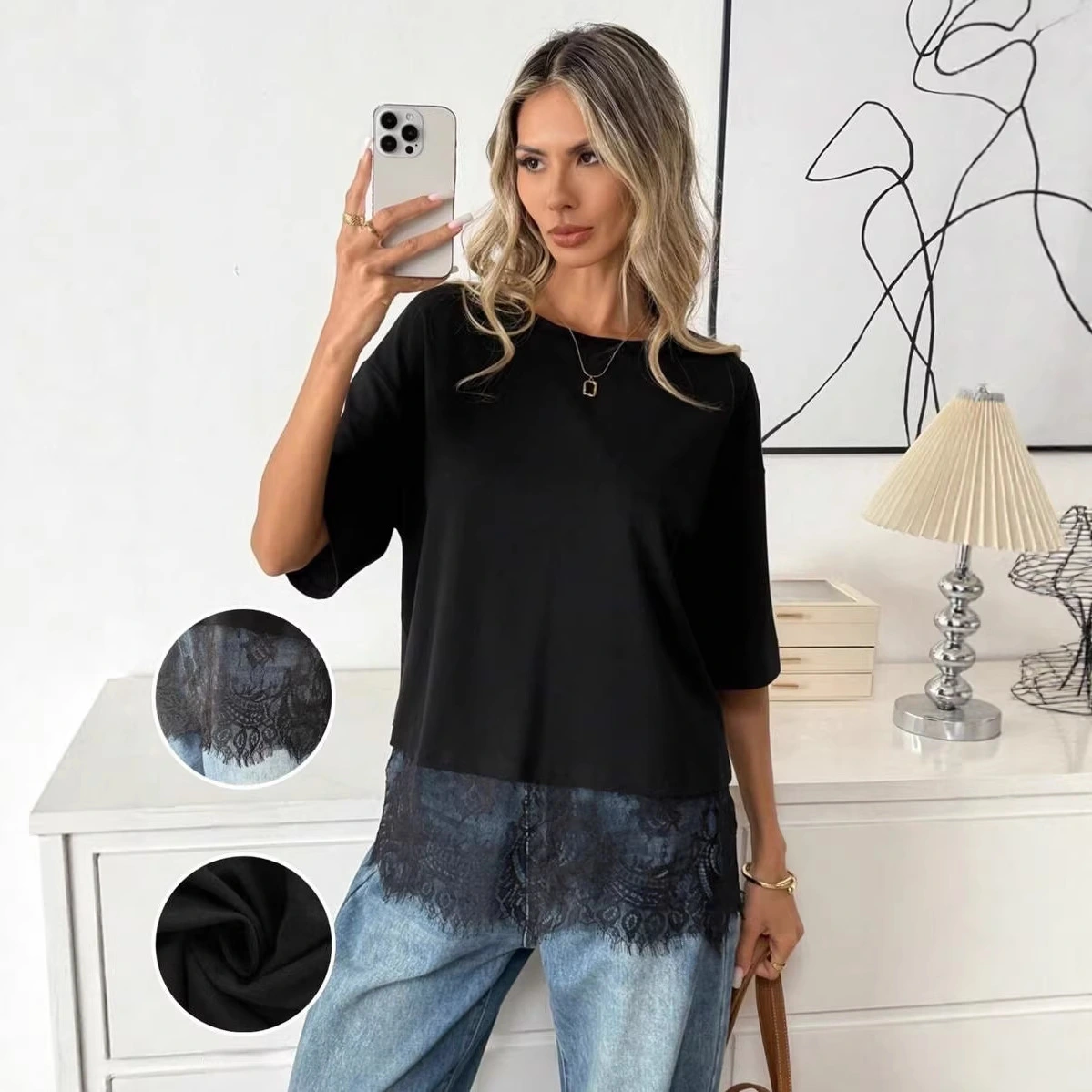 Summer Womens Crew Neck Pullover Lace Patchwork Loose T-Shirt