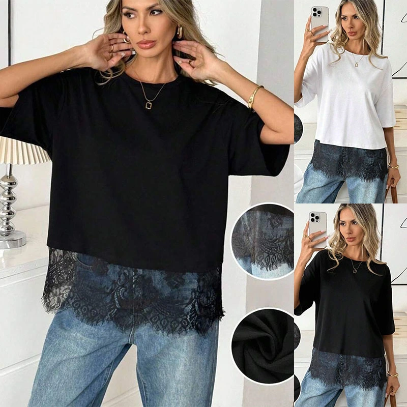 Summer Womens Crew Neck Pullover Lace Patchwork Loose T-Shirt