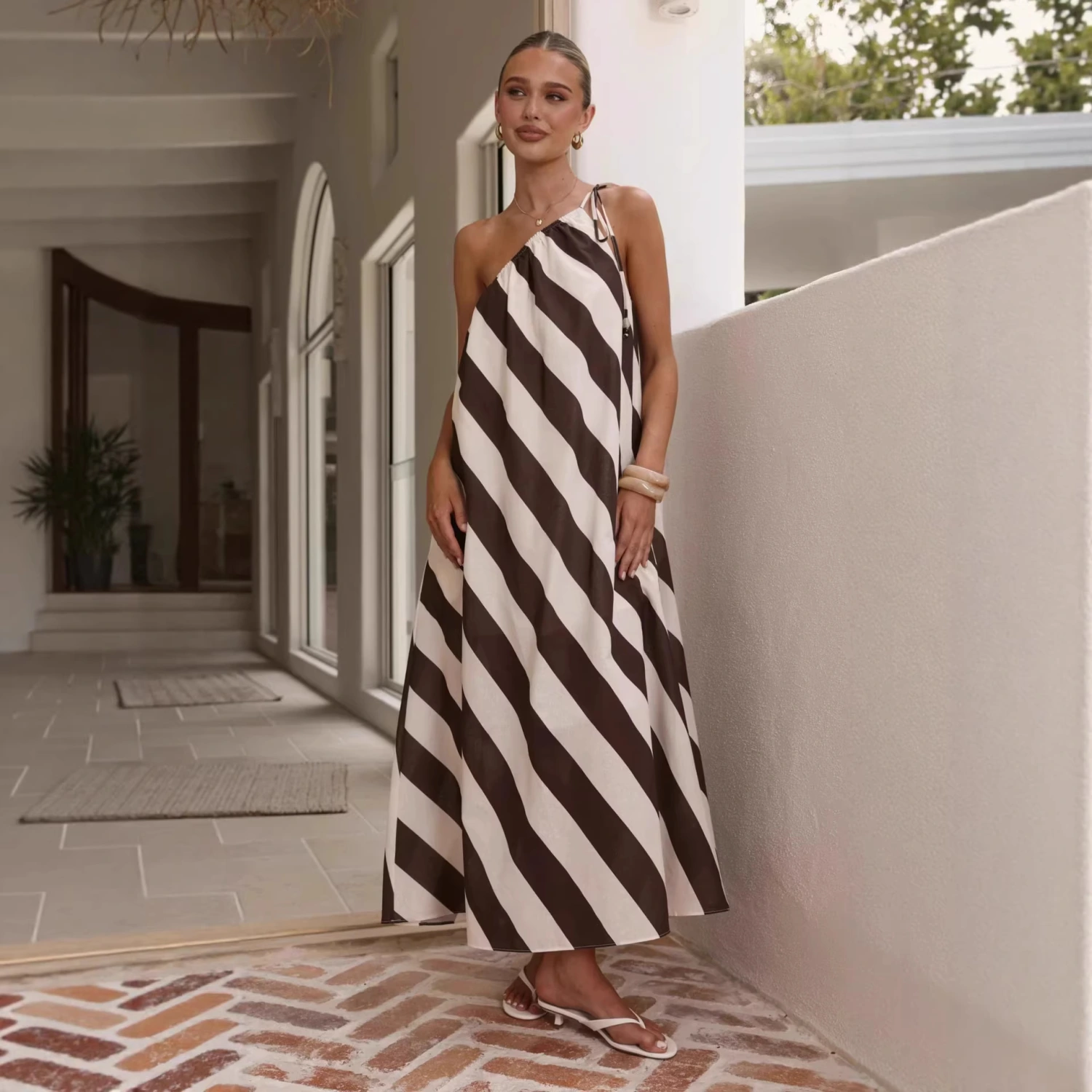 Summer Striped Print Off Shoulder Lace Up Loose Holiday Maxi Dress
