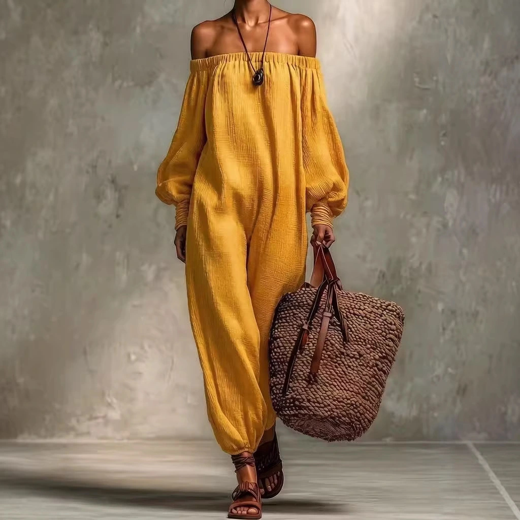 Summer Solid Colored Cotton Linen Off Shoulder Jumpsuit Harem Pants