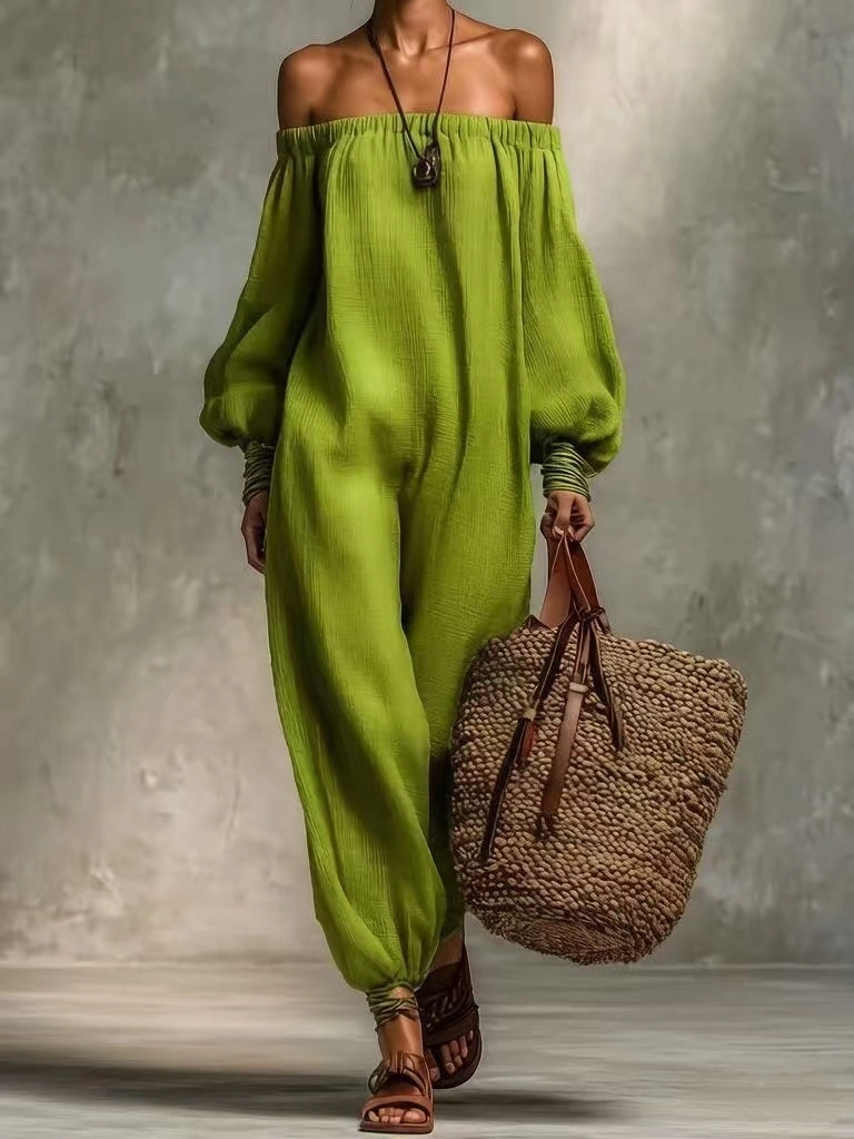 Summer Solid Colored Cotton Linen Off Shoulder Jumpsuit Harem Pants