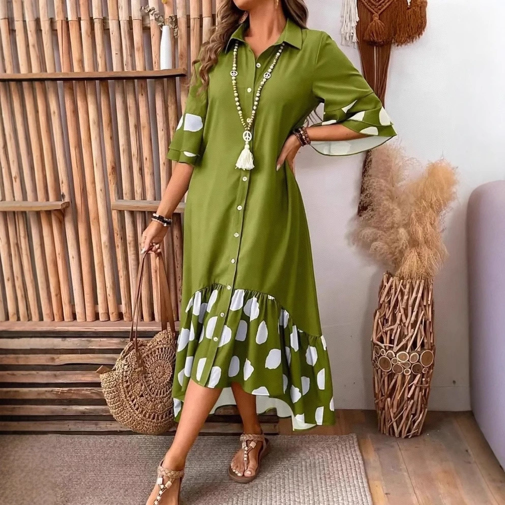 Fashionable Casual Patchwork Polka-Dot Long Shirt Dress For Women