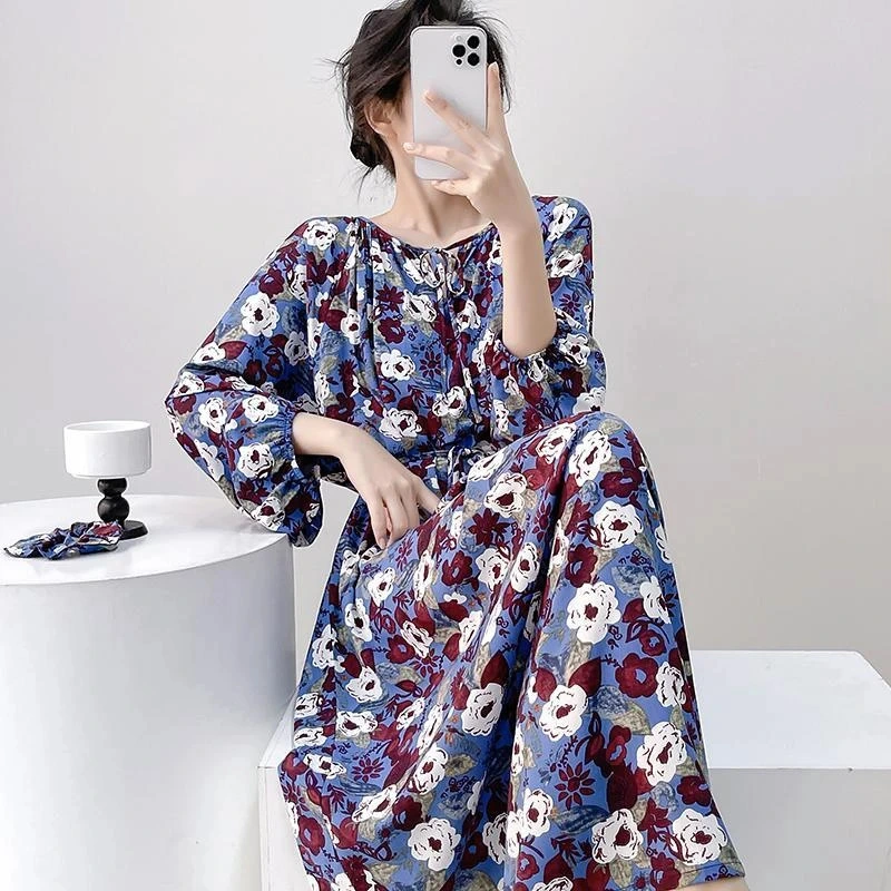 High-end Sleepwear Spring Autumn Round-neck Long Dress