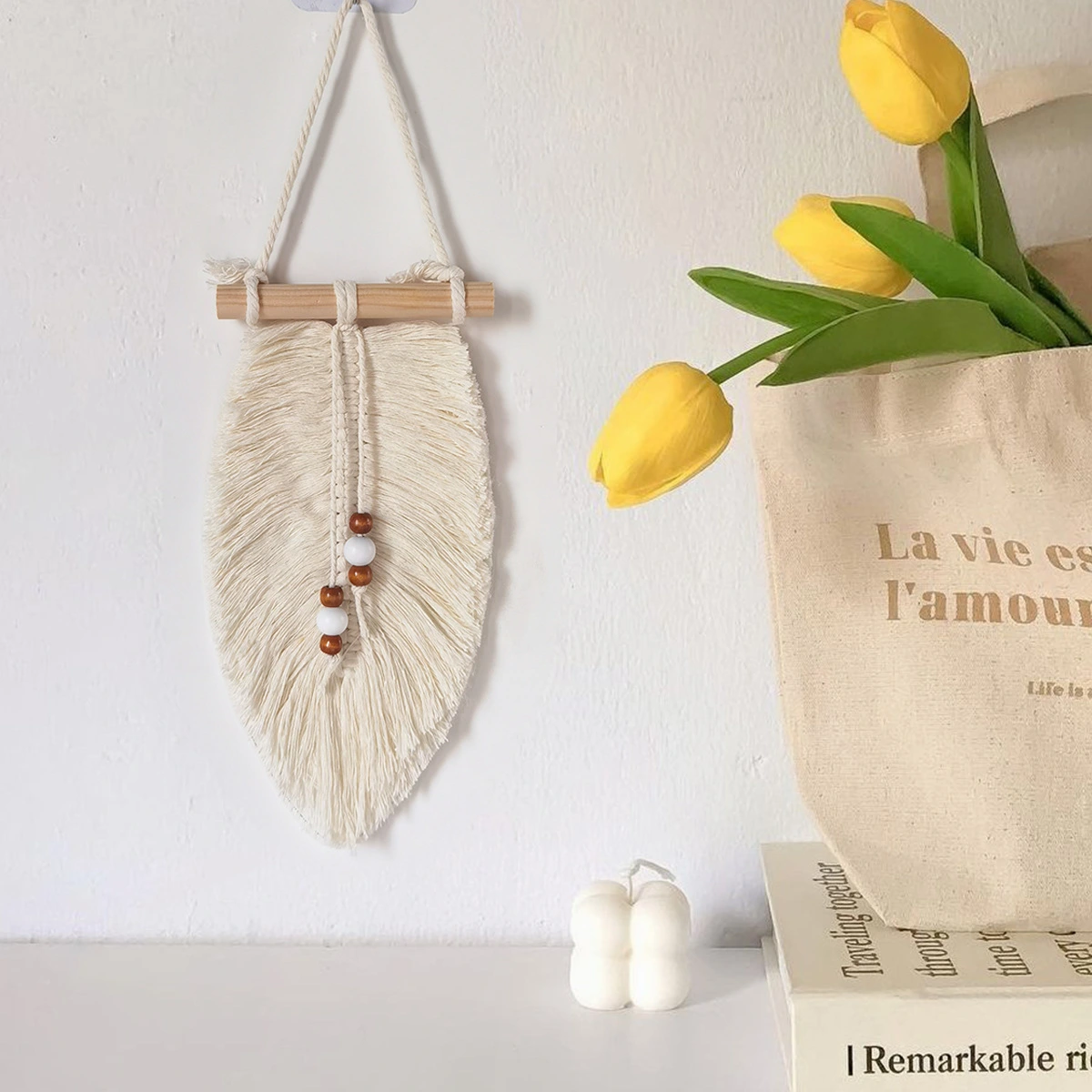 New Instagram-style Hand-woven Tapestry With Leaves Wooden Beads And Tassels Wall Hanging