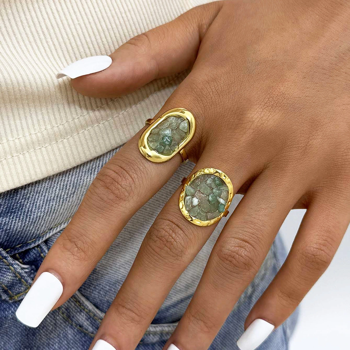 French Niche Natural Ring With Green Inlay Jewelry