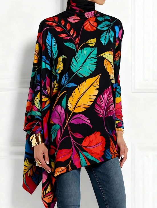 Turtleneck Colorful Tropical Leaf Print Top