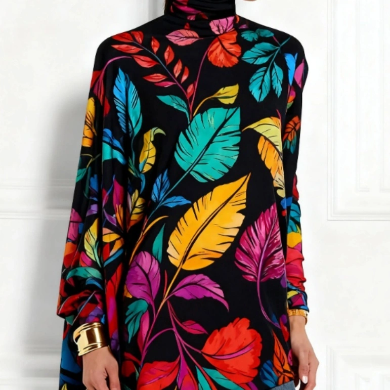 Turtleneck Colorful Tropical Leaf Print Top
