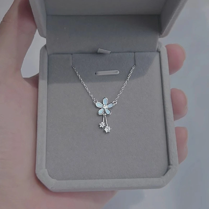 Blue Flower Necklace With Zircon Tassel Pendant For Women