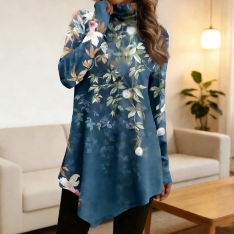 Blue Background Ink Floral Print Turtleneck Loose Top