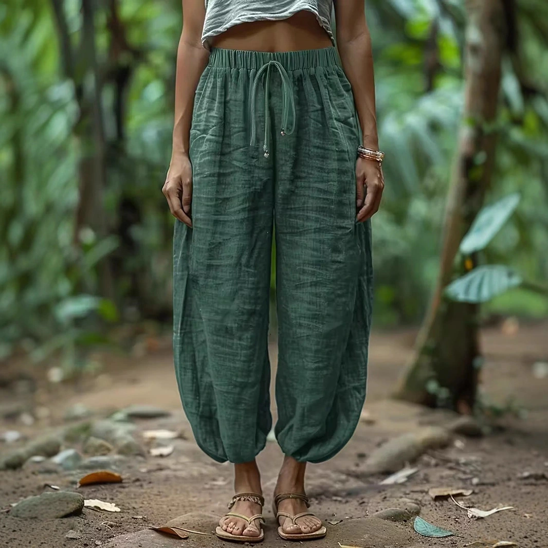 Elastic-waist Drawstring Pants With Patch Pockets And A Lantern-leg Silhouette
