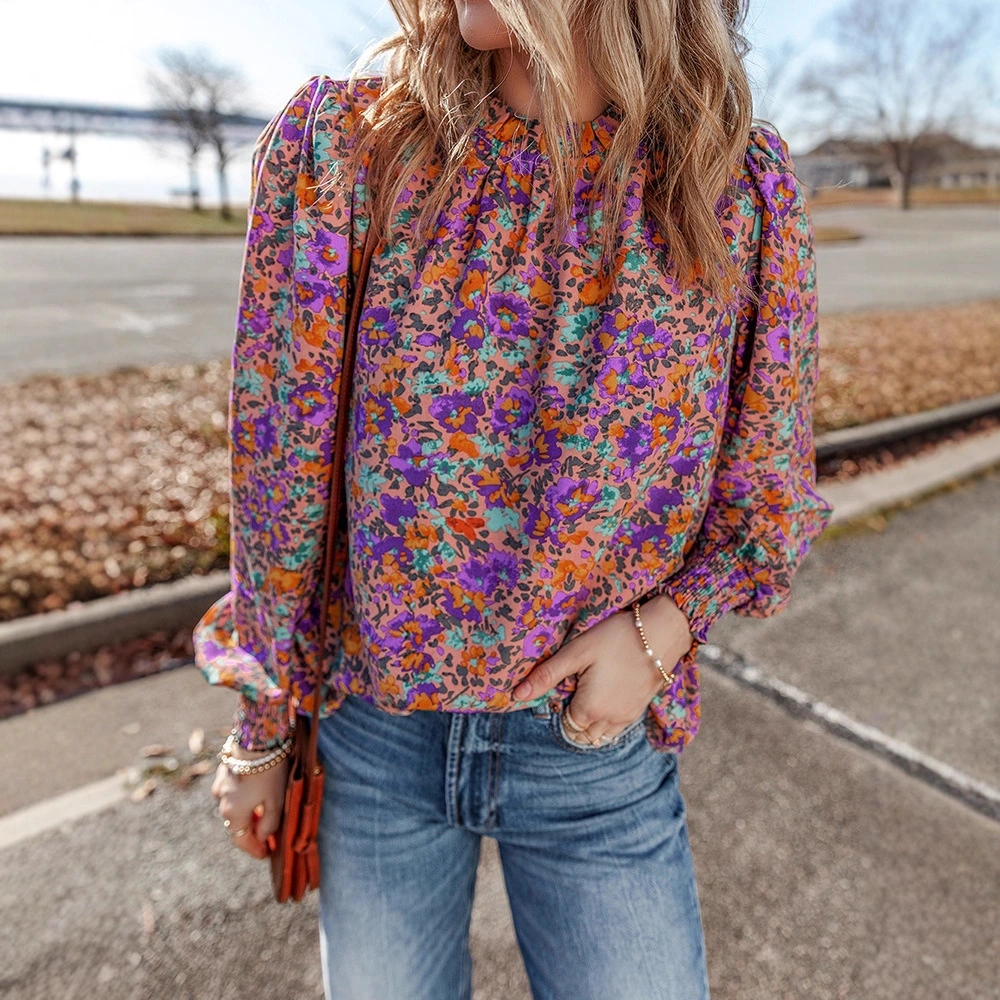 Floral Print Chiffon Blouse Womens Ruffle Hem Pullover Top