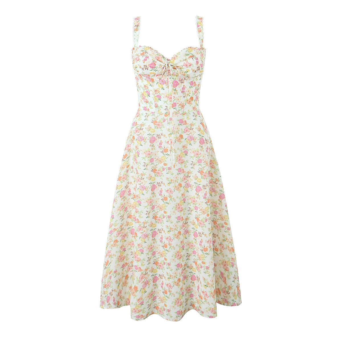 French Floral Strap Waist-tight First Love Seaside A- Line Mid-length Dress