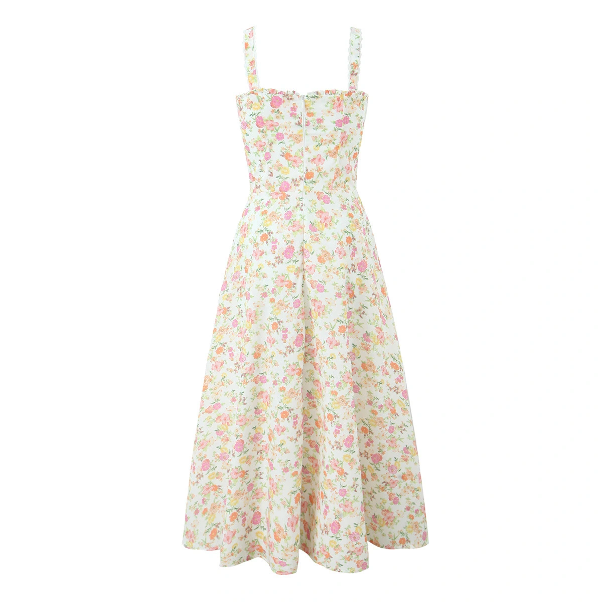 French Floral Strap Waist-tight First Love Seaside A- Line Mid-length Dress