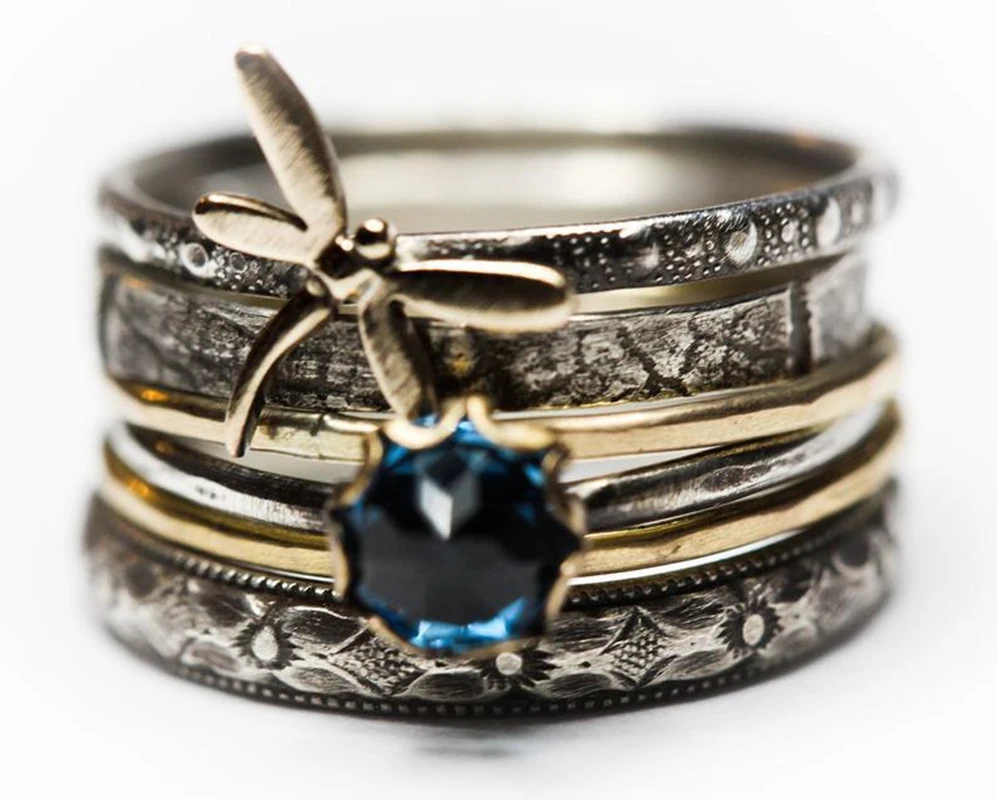 Blue Treasure Ring Two Tone Gold Dragonfly Vintage Ladies