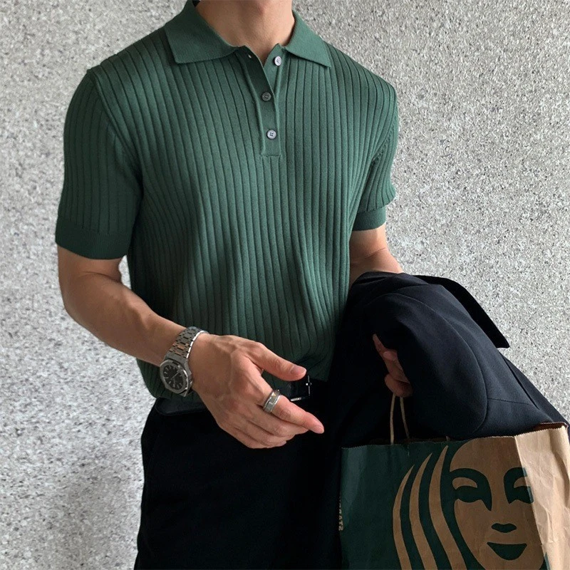 Men's Knitted T-shirt Solid Color Thin Loose Casual Polo Collar Polo Shirt