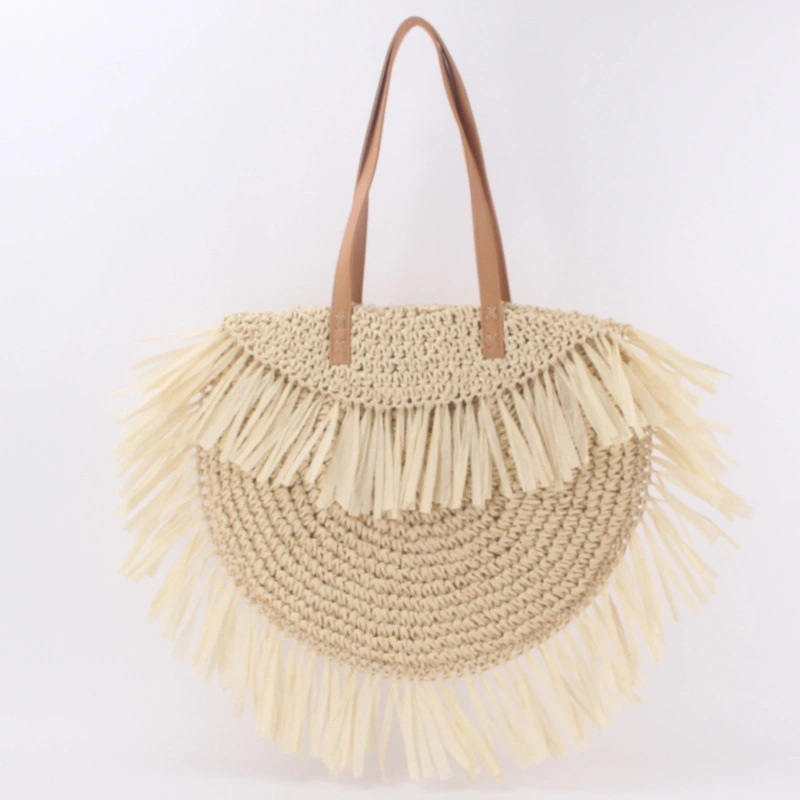 New Semi-circular Tassel Straw Shoulder Bag With Tassels And Paper Trim