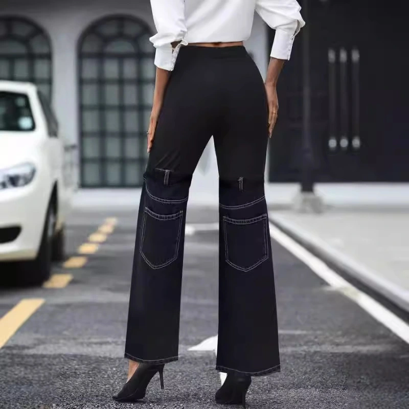 Fashion Slim Knit Denim Stitching Elastic Waist
