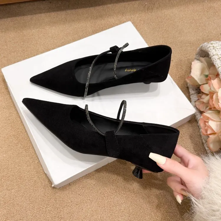 French Gentle Style Pointed Toe Kitten Heel Pumps With Rhinestone Strap