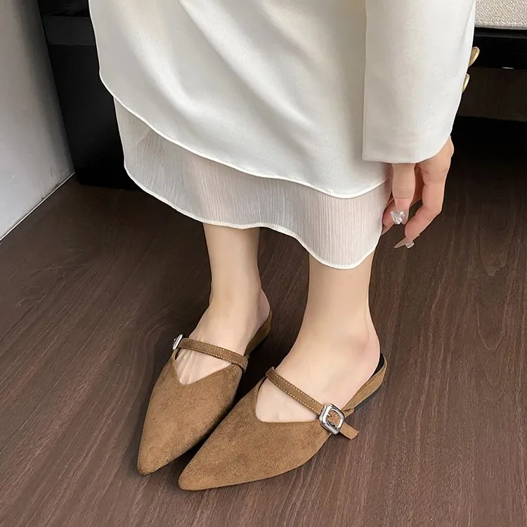 Women's Suede Pointed Toe Buckle Mule Slides