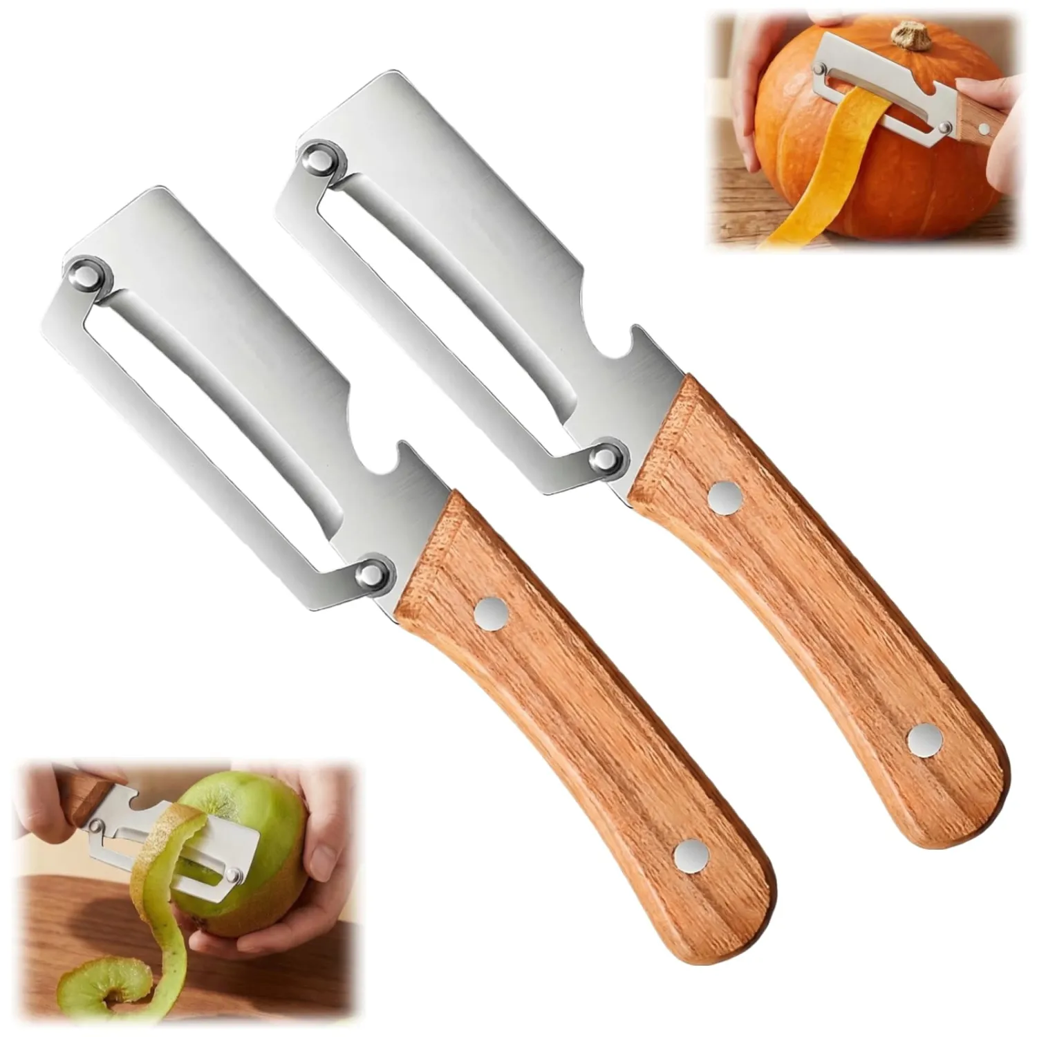 Multi-Functional Vegetable Peeler for Kitchen, New Ultra-Sharp Stainless Steel Blade with Wooden Handle and Bottle Opener, For Fruits and vegetables (2 Pcs)