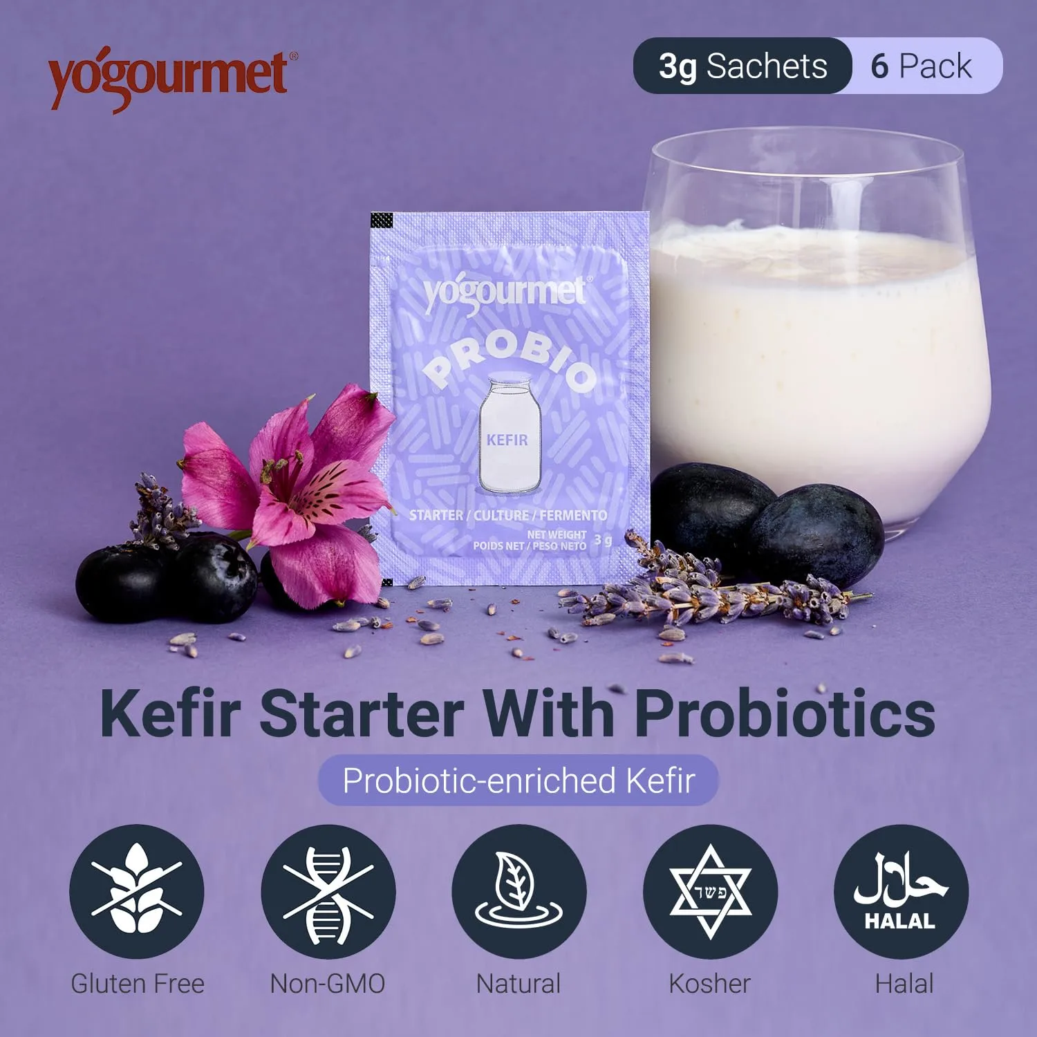 Yogourmet Kefir Starter with Probiotics (6 Sachets = 6 Quarts of Kefir) - Make Kefir at Home - Starter Culture - All Natural, Gluten Free, Kosher, Halal - 3 g Sachets