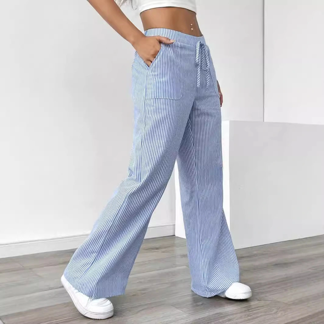 New Striped Trousers With Pockets Casual Versatile Loose Wide Leg Pants Women's Clothing