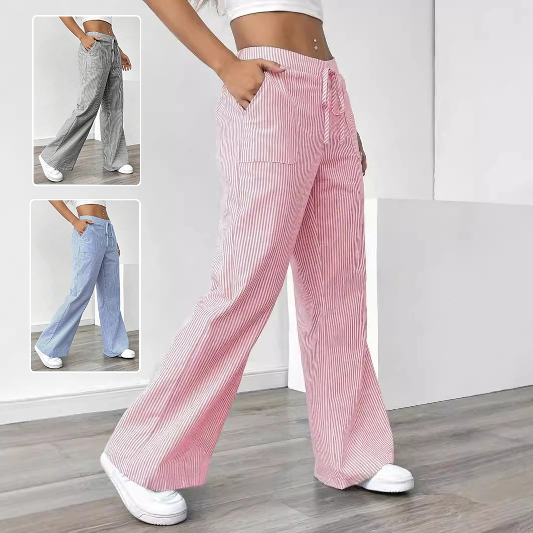 New Striped Trousers With Pockets Casual Versatile Loose Wide Leg Pants Women's Clothing