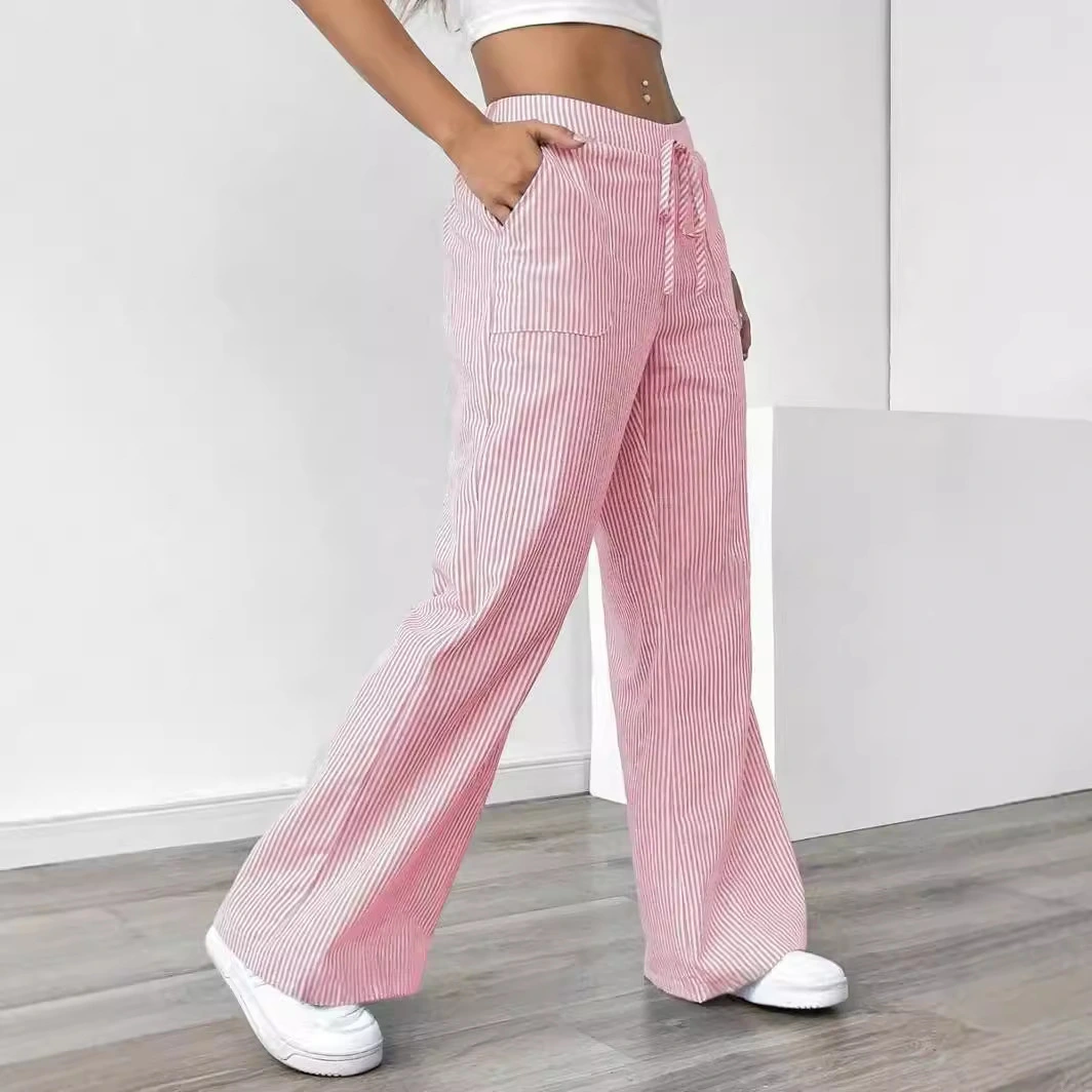 New Striped Trousers With Pockets Casual Versatile Loose Wide Leg Pants Women's Clothing