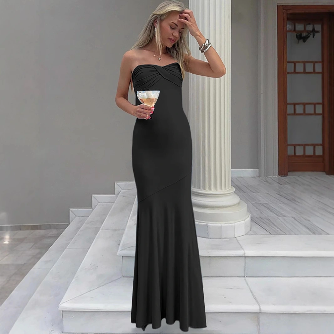 Bodycon Sheath Pleated Tube Maxi Dress