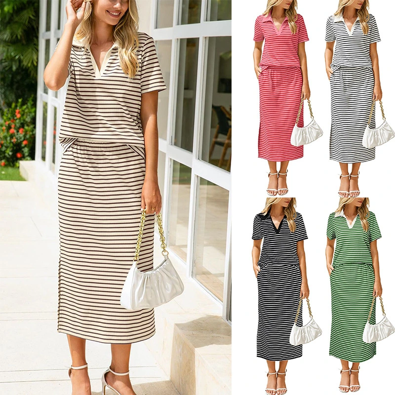 Womens Lapel T-shirt And Slit Skirt 2-piece Set