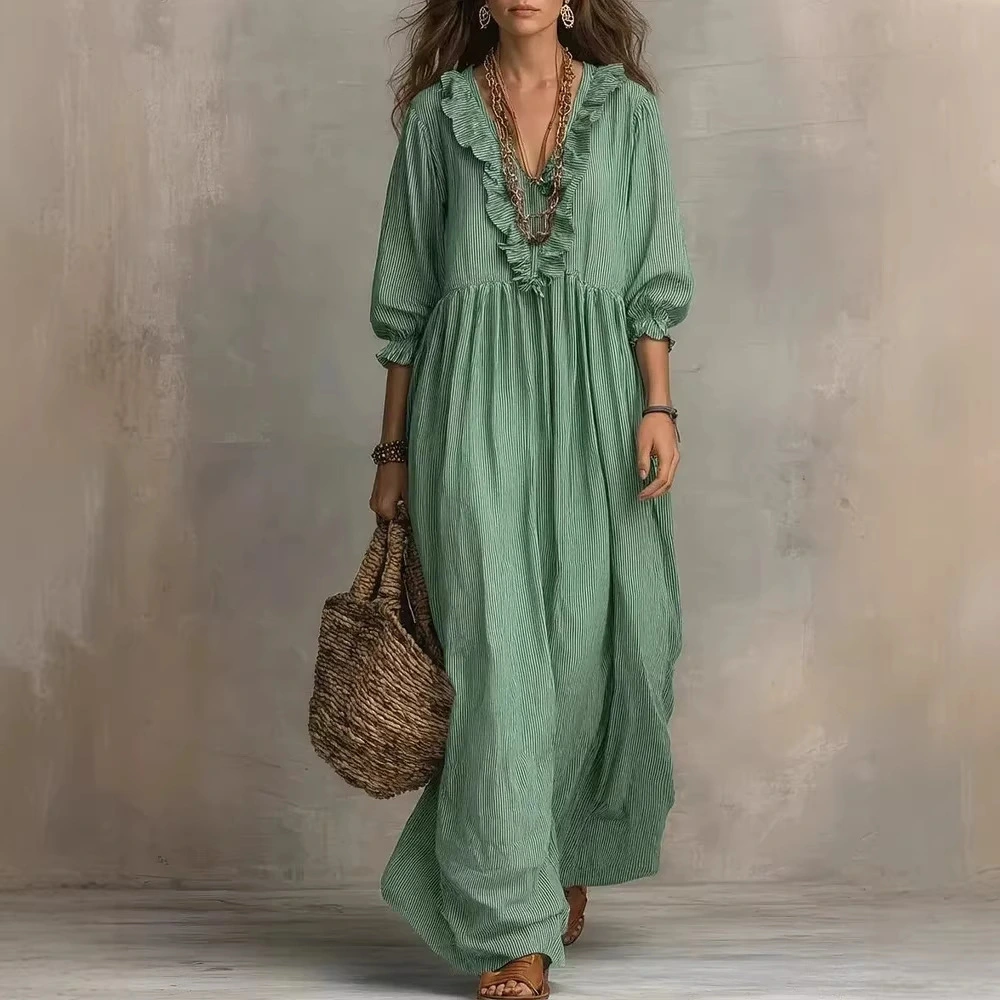 Womens Striped Ruffle-Trimmed Loose High-Waist V-Neck Dress