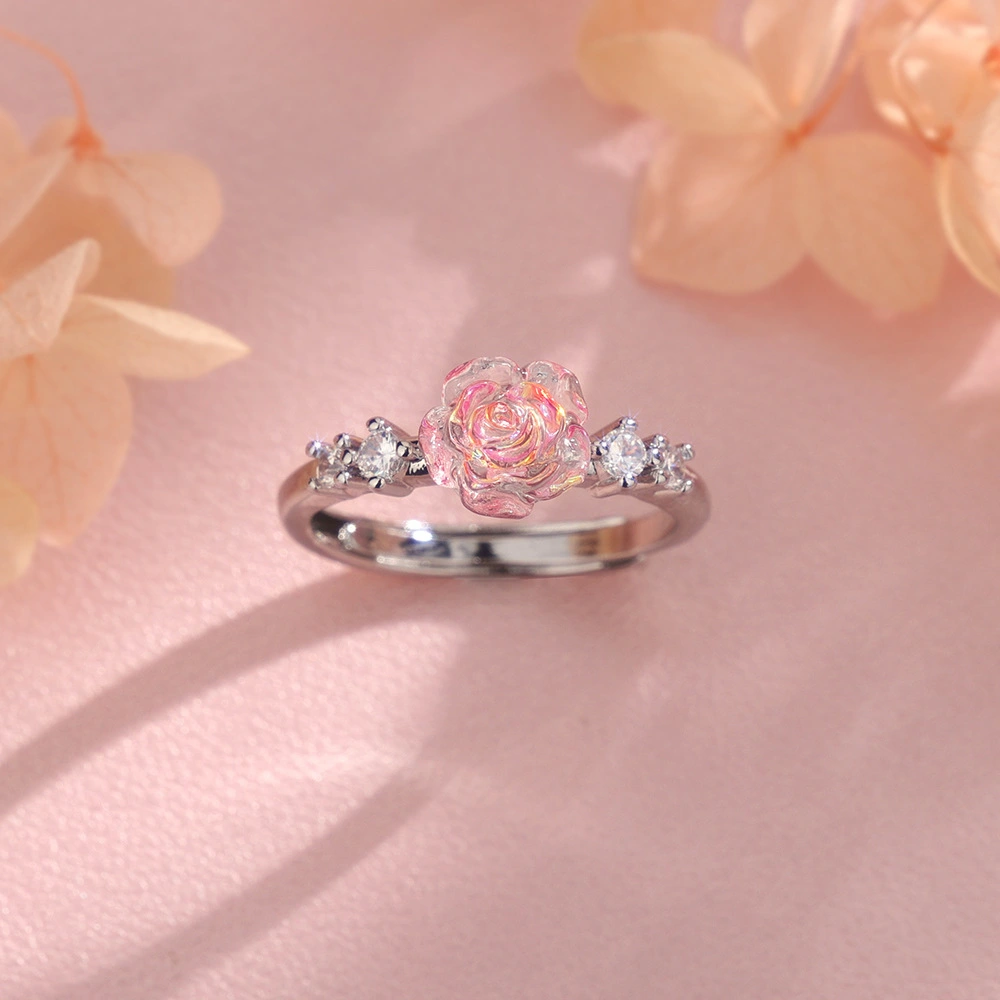 Elegant And Fashionable Colorful Zircon Pink Rose Flower Ring With Diamonds For Women