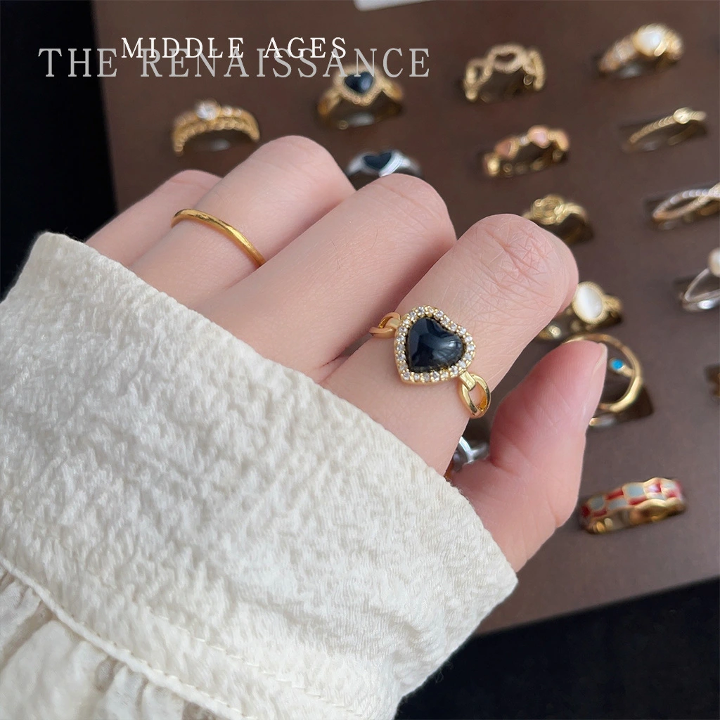Vintage Enamel Ring Collection, Retro Zircon & Tiger Eye Index Rings, Adjustable Opening